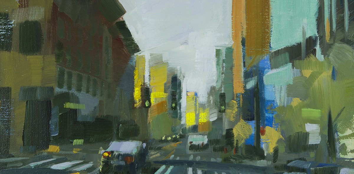 Painting of a street scene in a city