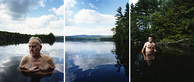 Triptych of a man and his father in a lake