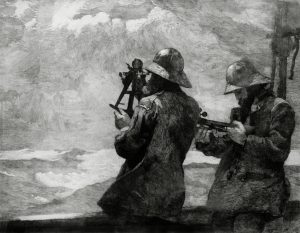 Etching of two men with surveying equipment