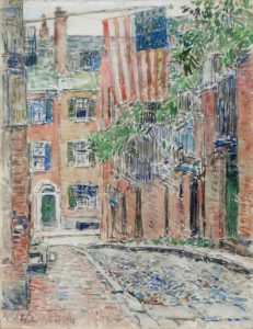Colorful watercolor of a lively street in Boston