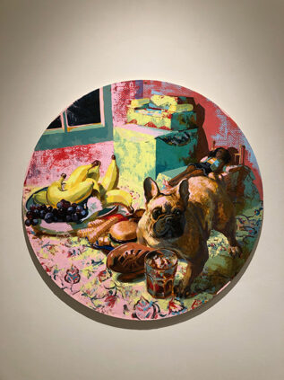 Painting of a dog surrounded by food