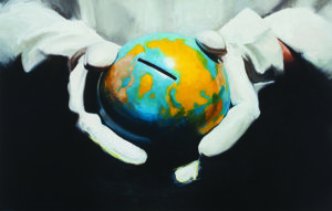 White gloved hands holding a globe shaped bank