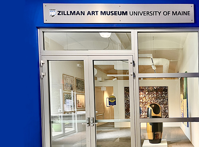 Glass doors with a sign overhead that reads "Zillman Art Museum - University of Maine"