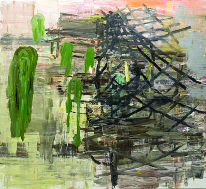 Green forms left of a nest of black marks, oil painting