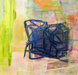 pastel colors behind a grid of blue-black marks, oil painting