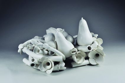Anat Shiftan ceramic sculpture of flowers and fruit in white