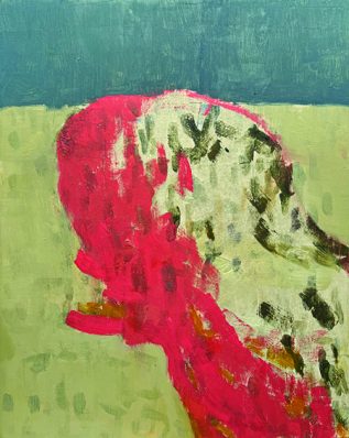 Andrew Baron painting in greens, blue and pink
