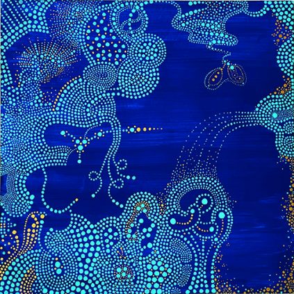 Light blue swirls over royal blue background