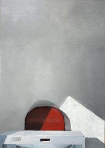 Painting of a red chair behind a white table