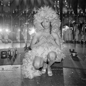 A dancer dressed in feathers on a stage