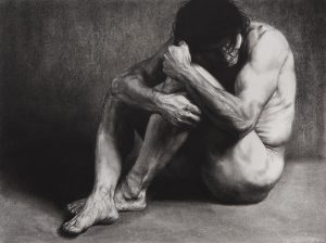 Charcoal drawing of a person sitting with their knees against their head