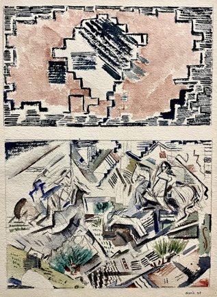 John Marin watercolor of abstracted compositions of a pattern on the top half and a horse and rider on the bottom half