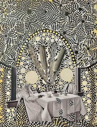 Roz Leibowitz mixed media work of two people at a table under an image of an open straight razor with a yellow, black and white geometric patterned background