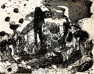 Alfredo Gisholt etching with rat man in front and various textures in the background