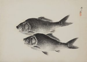 Gyotaku fish print of two black fish by Boshu Nagase
