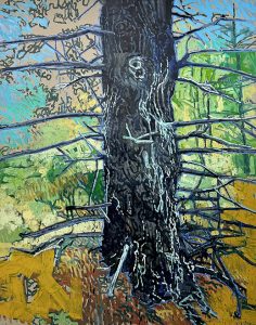 James Linehan painting of a large tree truck with abstracted background