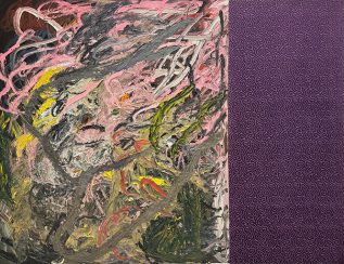 Alison Weld oil painting with upholstery fabric diptych