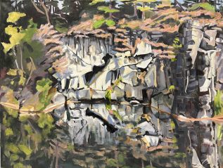 Oil painting by Joellyn Duesberry of trees and greenery surrounding a stone wall