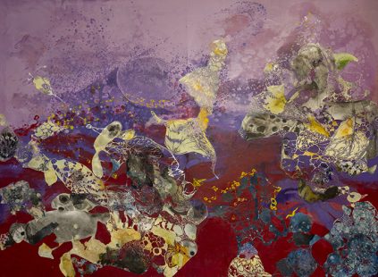 Mixed media work by YoAhn Han with yellow forms on a background with light purple on the top and dark red on the bottom.