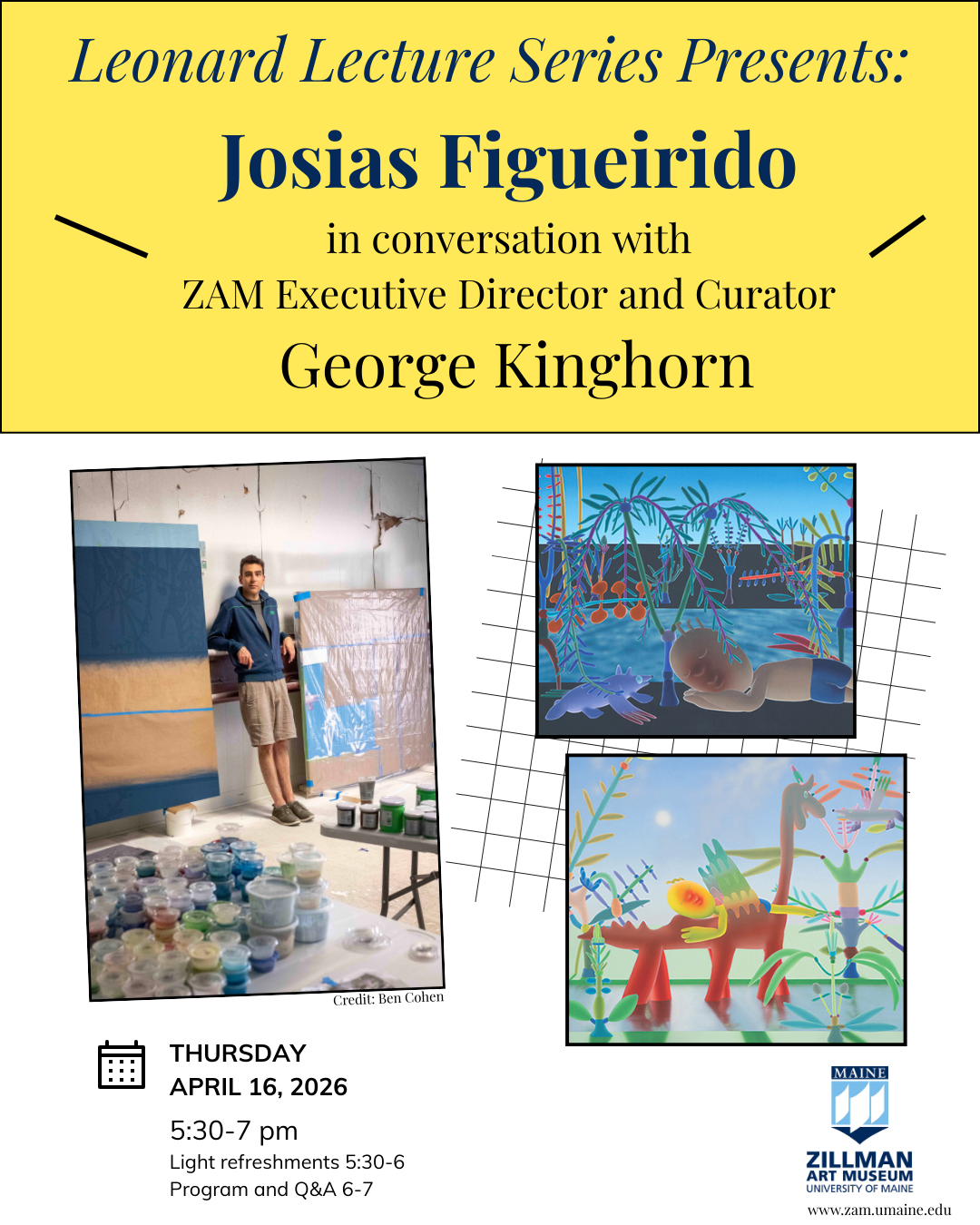 Event flyer for Josias Figueirido in conversation with George Kinghorn, April 16, 2026. 5:30-7pm.