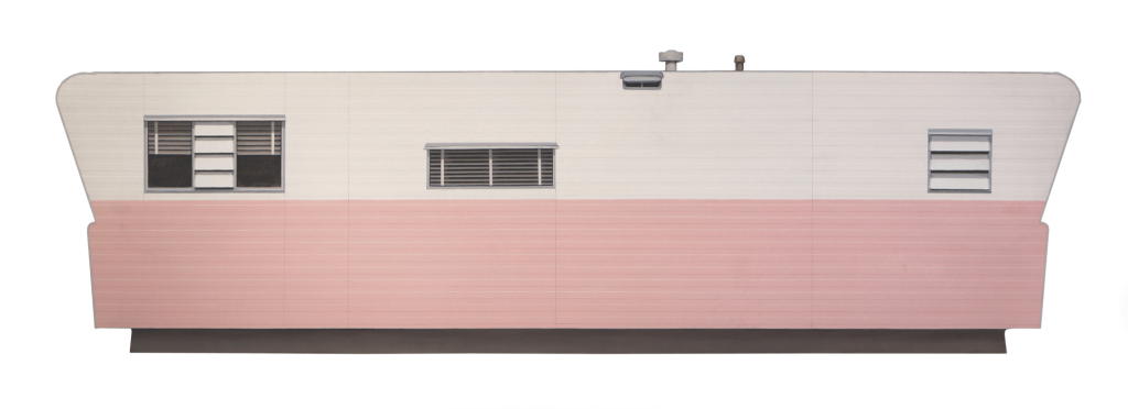 Shaped canvas painting of a pink trailer